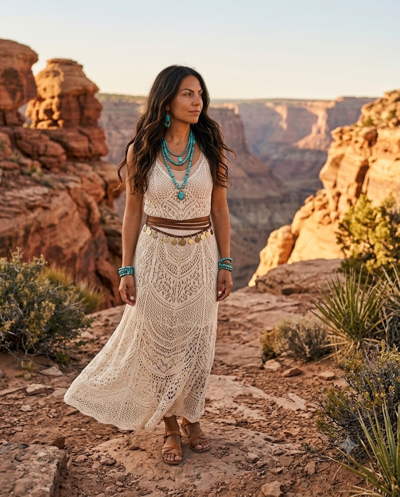The Crochet Maxi Dress & Turquoise Jewelry