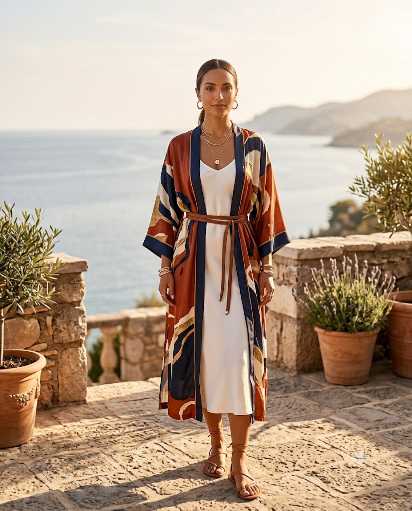 The Printed Kimono & White Slip Dress