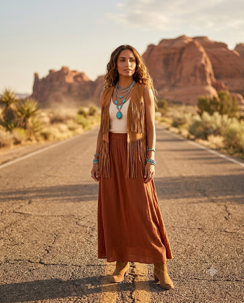 The Fringe Suede Vest & Maxi Skirt