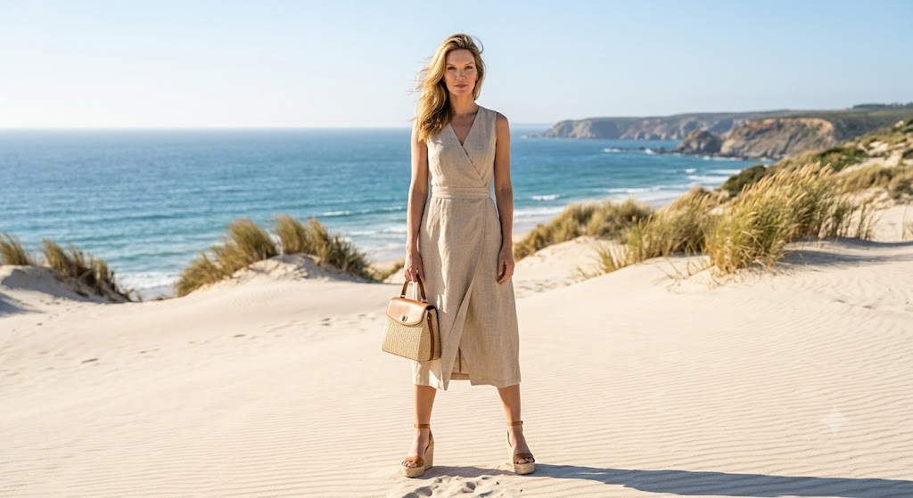Beige Wrap Midi Dress with Raffia Accessories