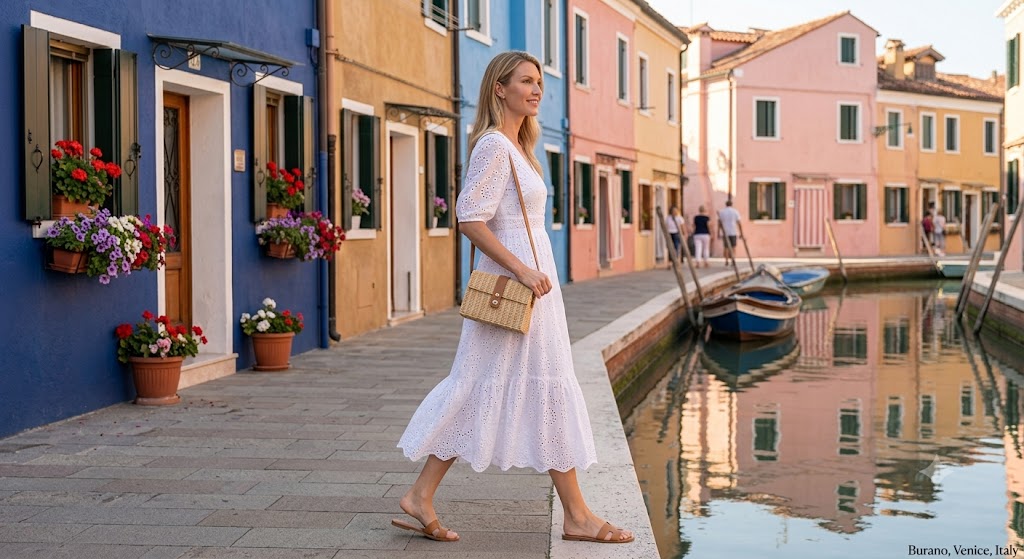 White Eyelet Midi Dress with Straw Accessories