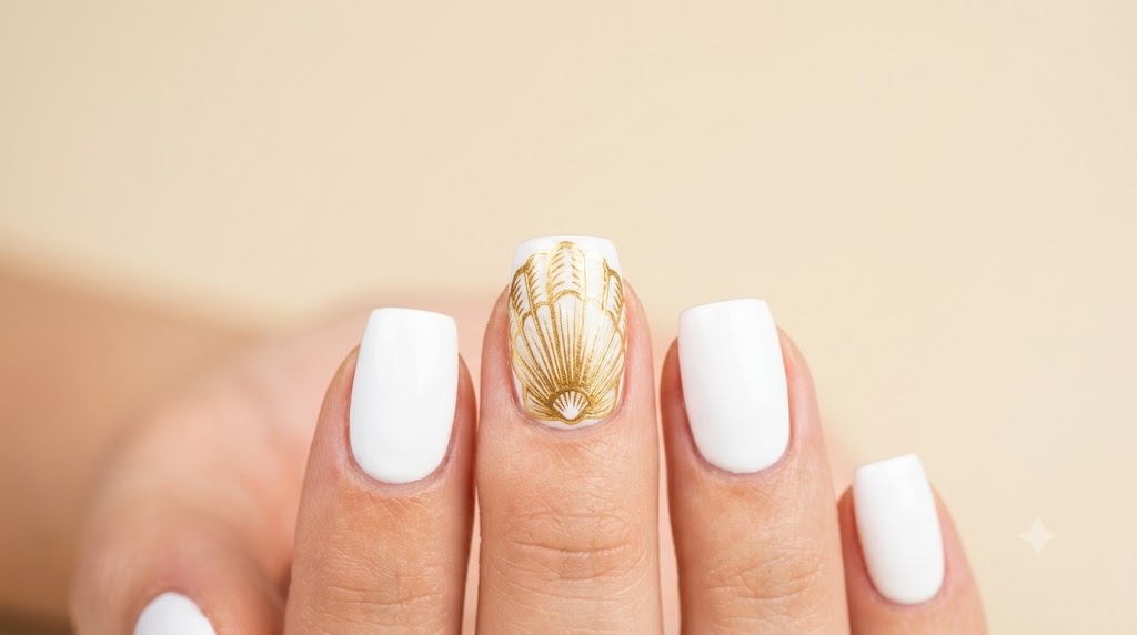 White & Gold Shell Accent Nails