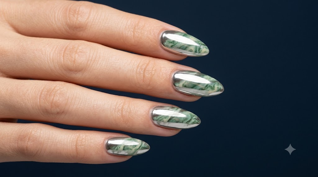Jade Marble Almond Nails with Chrome