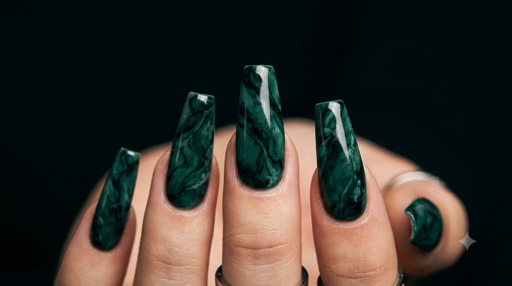 The Dark Jade Marble Coffin Nails