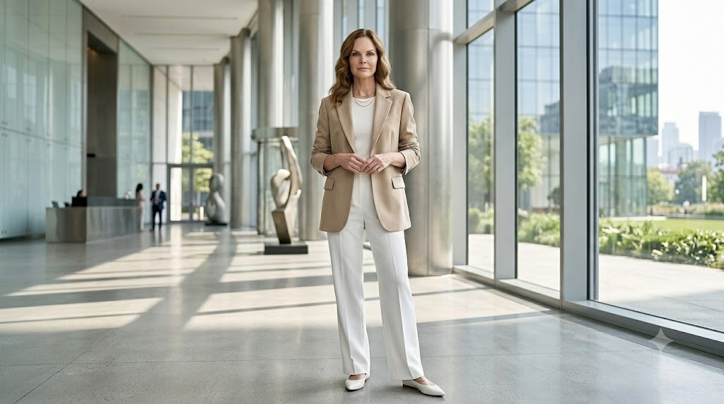 Oversized Beige Blazer + White Tailored Wide-Leg Trousers