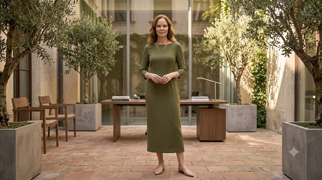 Olive Green Tailored Shift Dress + Gold Minimalist Jewelry
