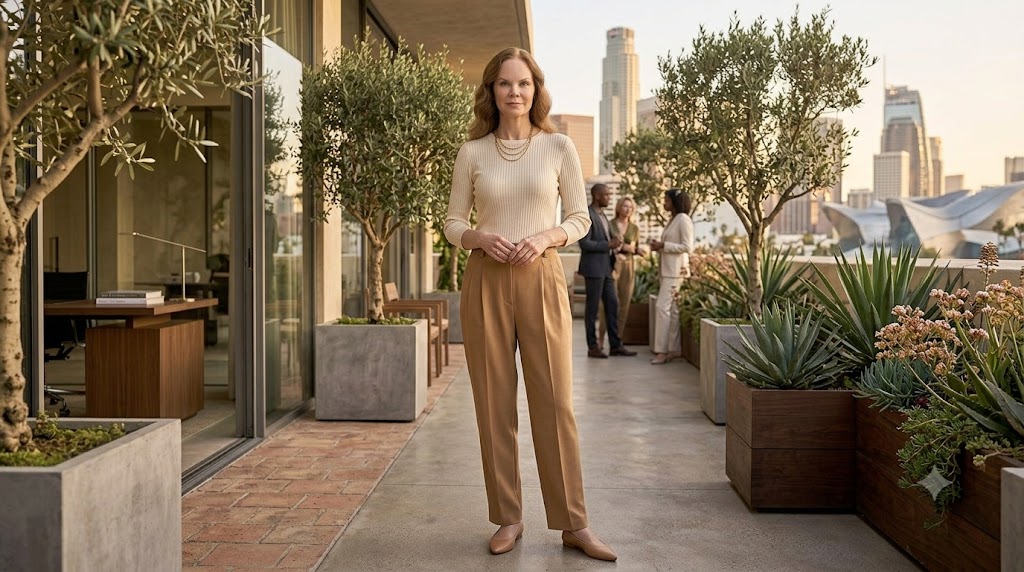 Cream Ribbed Knit Top + Camel Pleated Trousers