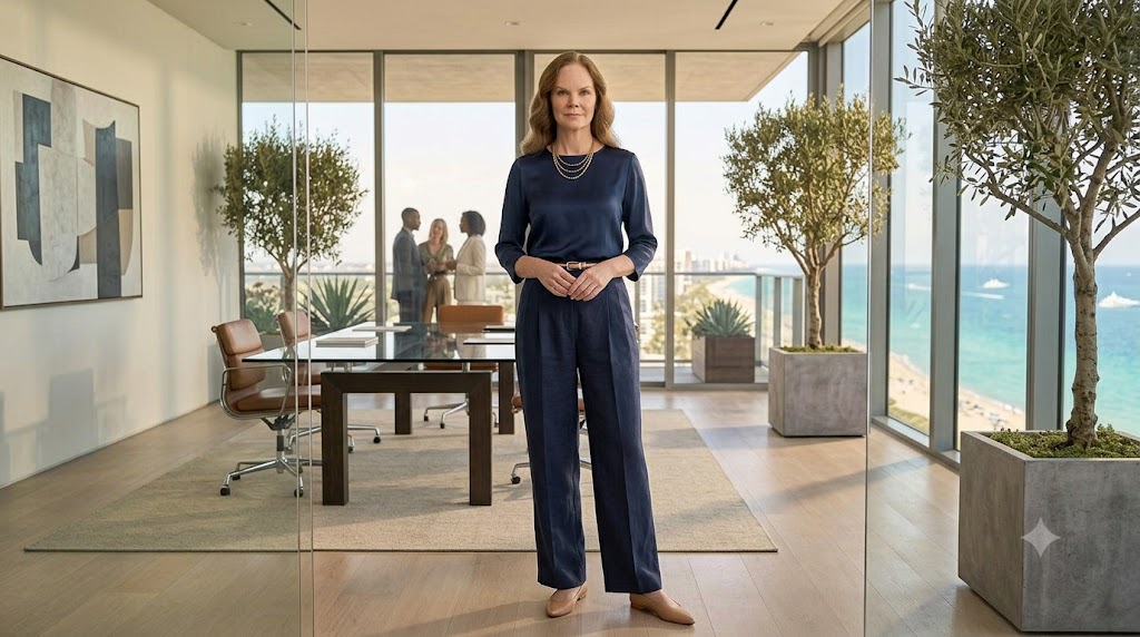 Monochrome Navy Silk Top + Navy Wide-Leg Linen Pants