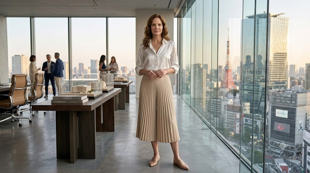 Pristine White Silk Button-Up + Sand-Colored Pleated Culottes