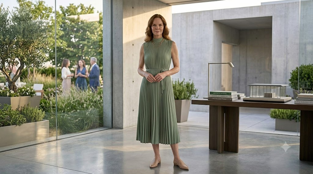 Sage Green Pleated Midi Dress + Nude Loafers
