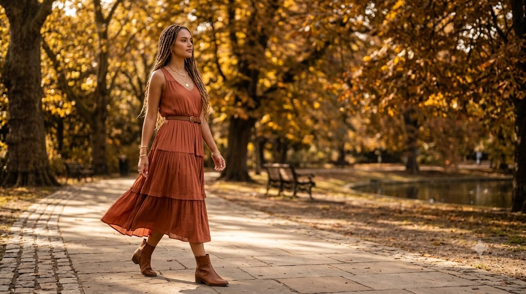 The Flowing Tiered Midi Dress & Ankle Boots