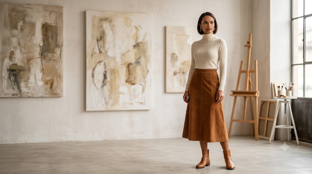The Suede Midi Skirt & Fitted Turtleneck
