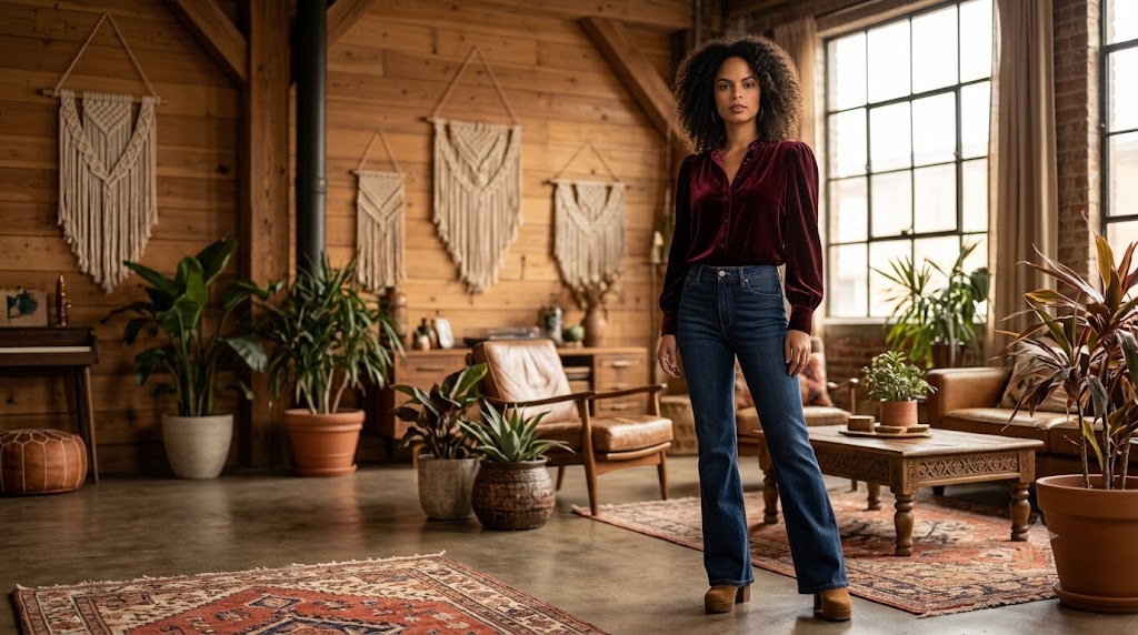 The Velvet Puff-Sleeve Blouse & Flared Jeans