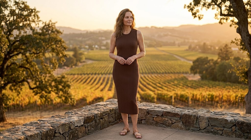 Chocolate Brown Sleeveless Knit Dress + Tan Leather Sandals