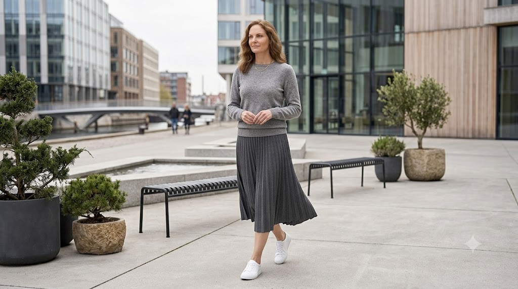 Soft Grey Cashmere Crewneck + Pleated Midi Skirt