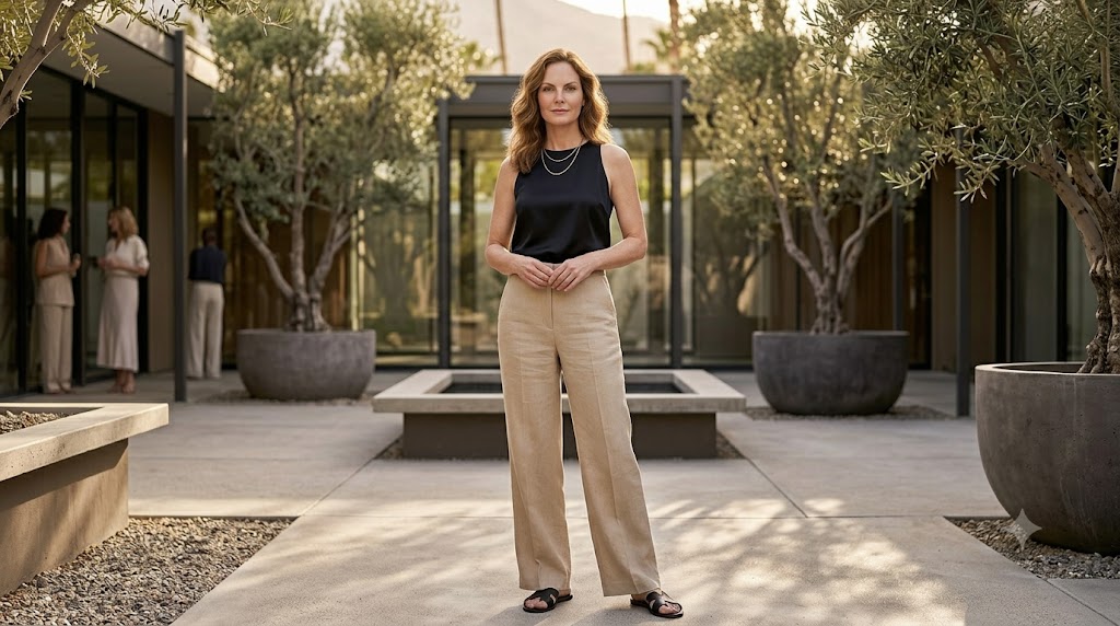 Black Silk Sleeveless Top + Sand Wide-Leg Linen Pants