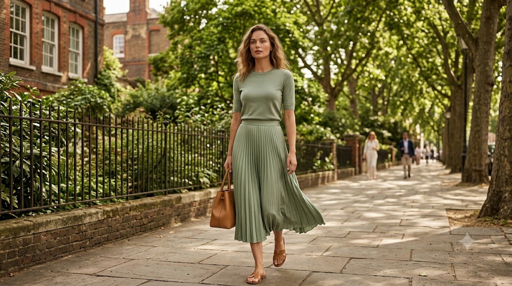 Monochrome Sage Green Knit + Pleated Midi Skirt