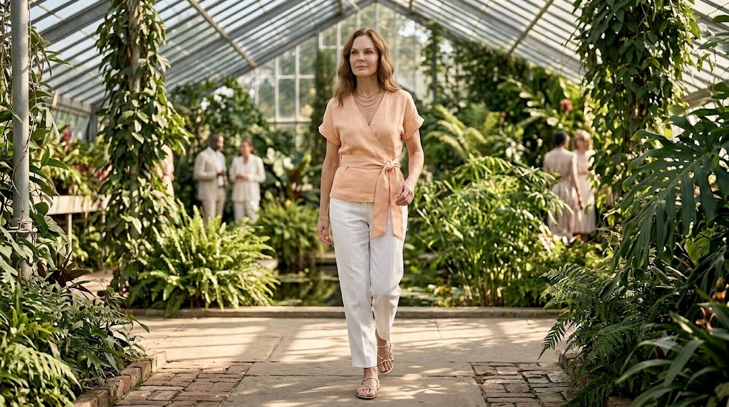 Soft Peach Wrap Top + Tailored White Trousers