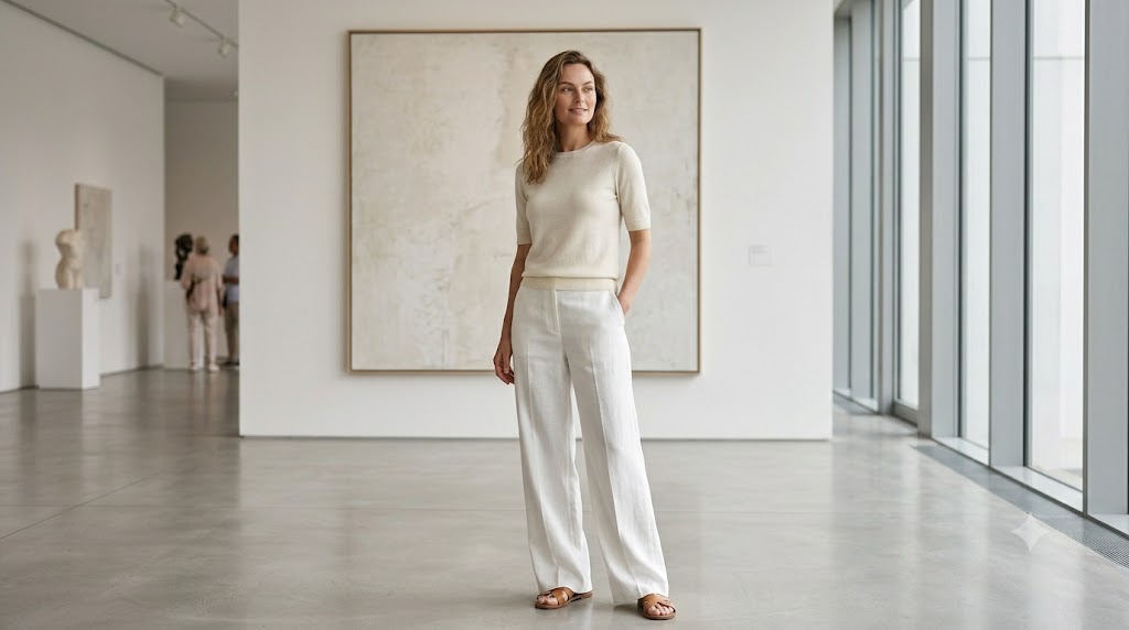 Ivory Short-Sleeve Cashmere + White Wide-Leg Trousers