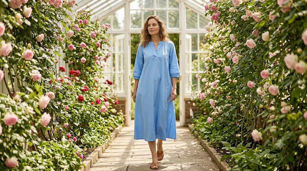 Soft Blue Cotton Poplin Midi Dress + Leather Slides