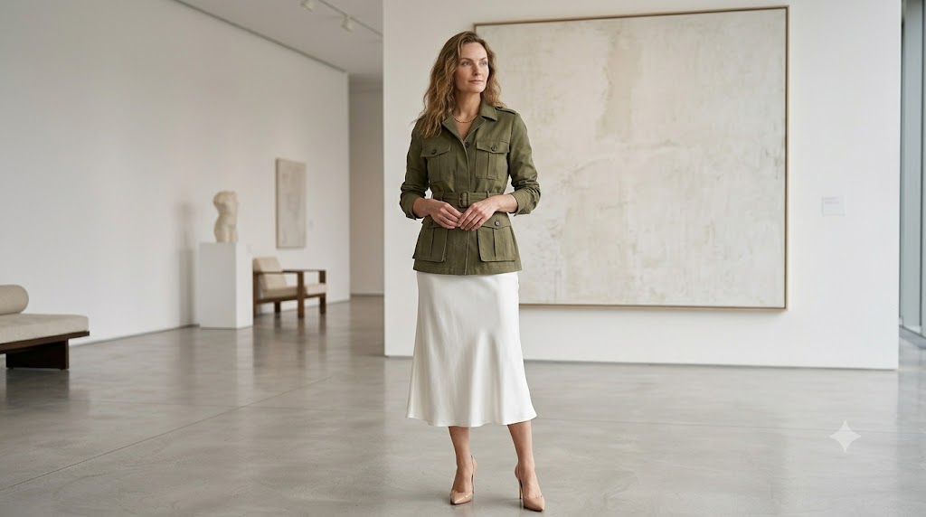 Olive Green Tailored Utility Jacket + White Silk Slip Skirt