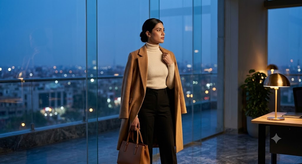 The Cream Turtleneck & Black Tailored Trousers