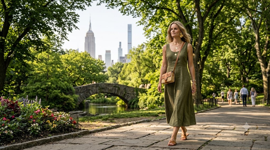 Olive Green Linen Midi Dress