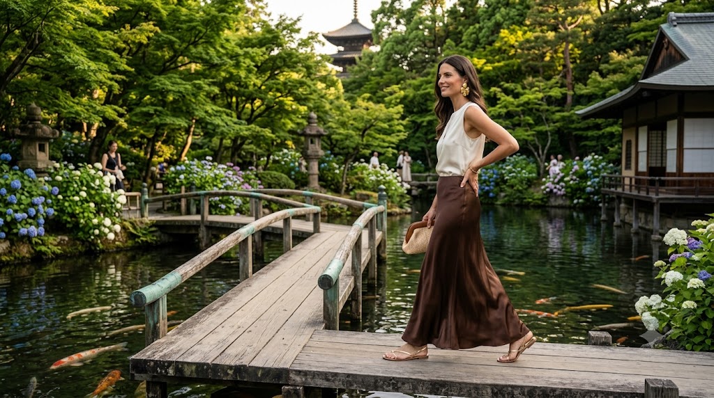 Chocolate Brown Satin Maxi Skirt Outfit