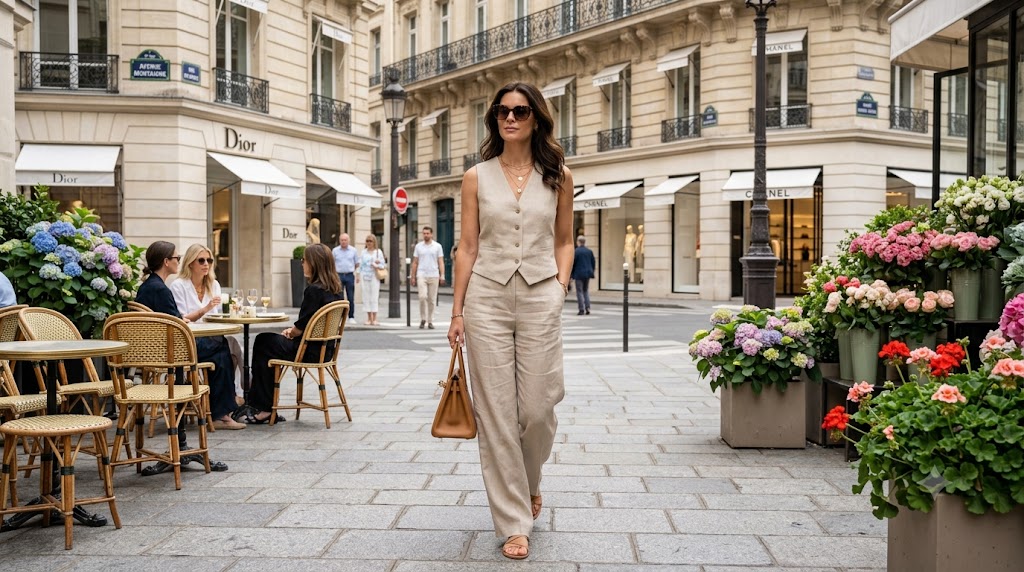 Beige Linen Vest & White Wide-Leg Pants