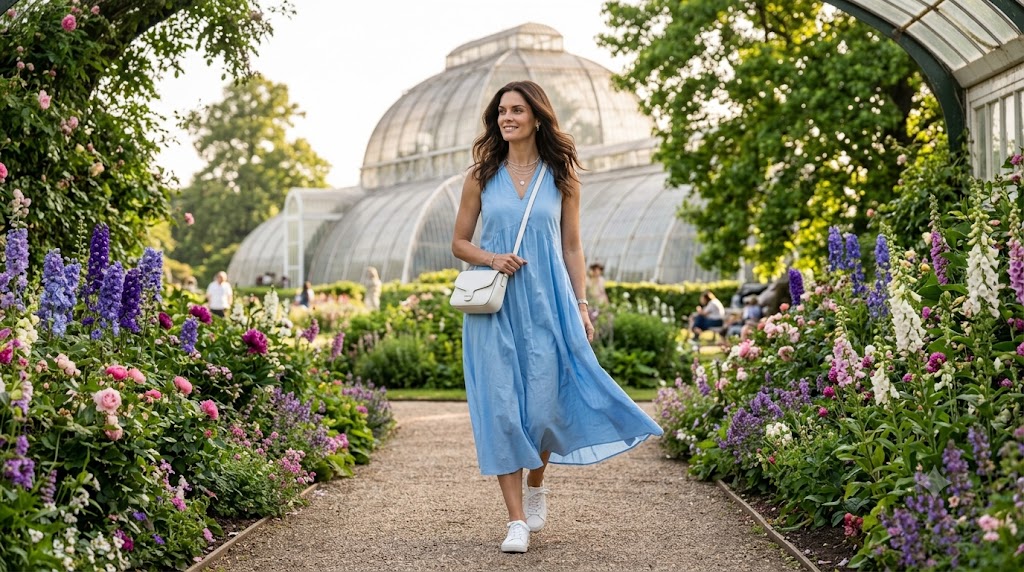 Sky Blue Cotton Midi Dress + White Sneakers