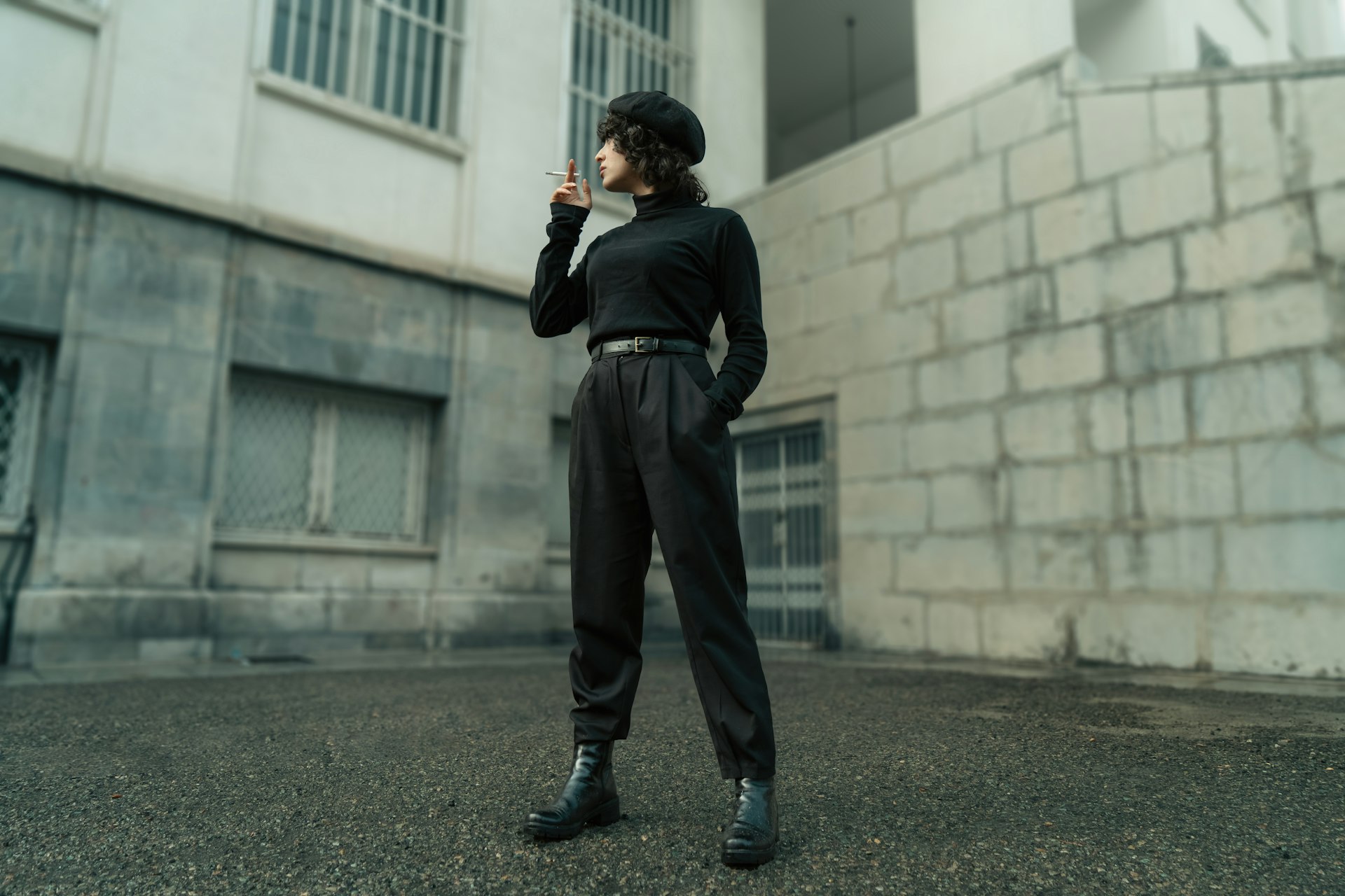 Cargo Pants Tucked with a Fitted Turtleneck
