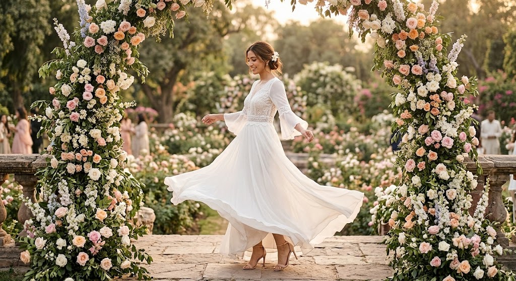 Flowy White Maxi Dress for a Romantic Garden Wedding Guest Look