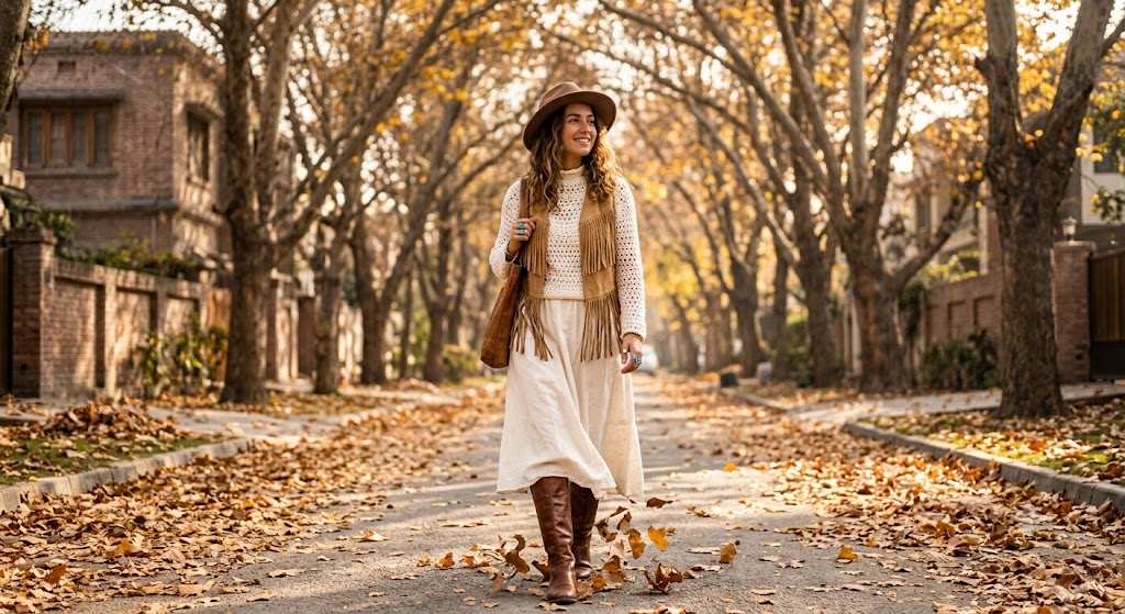 Layered White Boho Look for Crisp Autumn Days
