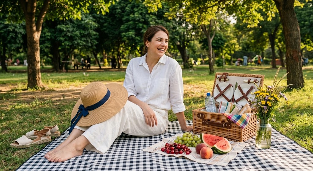 Relaxed White Linen Set for a Boho Picnic in the Park