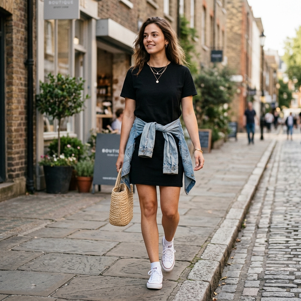 T-Shirt Dress with Denim Jacket