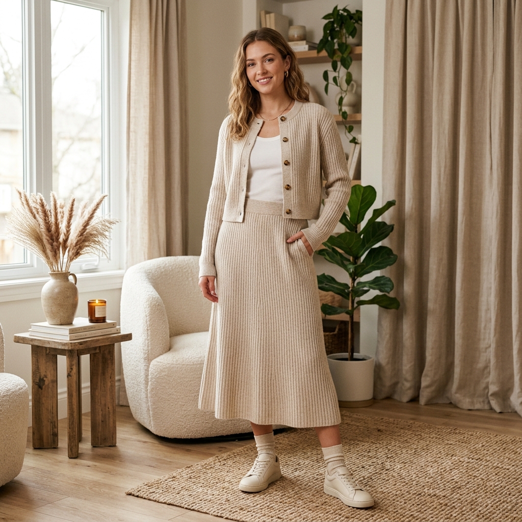 Ribbed Knit Midi Skirt & Cropped Cardi