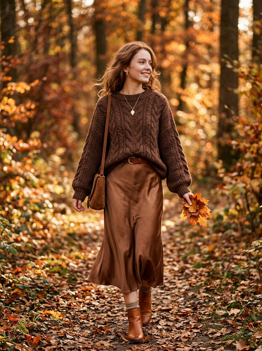 Chunky Knitwear & Silk Skirt