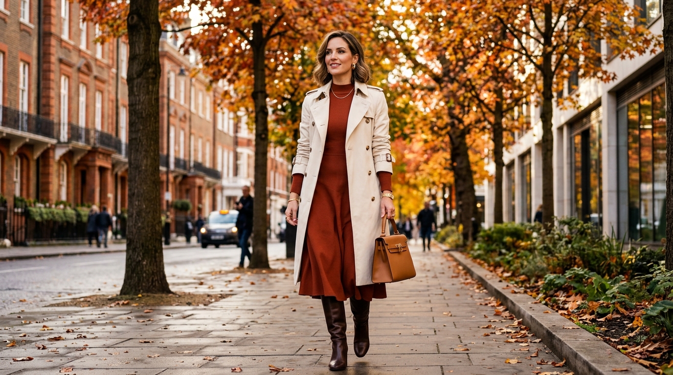 Autumn Trench Coat & Rust Midi